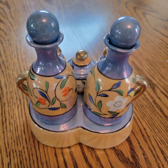 Vintage Lusterware Hand Painted Made in Japan Condiment Tray ~TT 5-piece S&P V&O - Picture 3 of 16